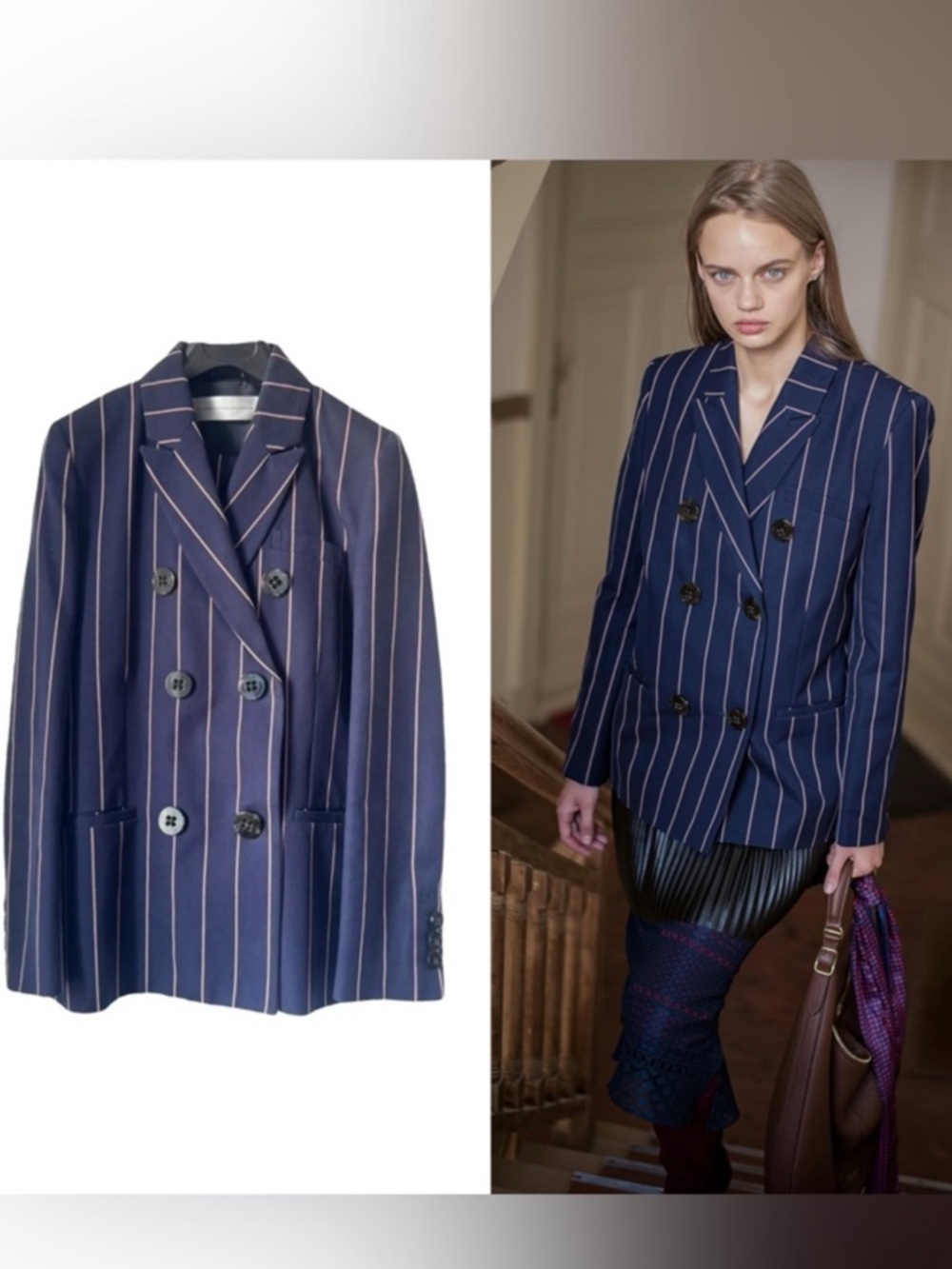 ❗️Final Sale❗️Victoria Beckham Navy Pink Striped Double-breasted Blazer Size2